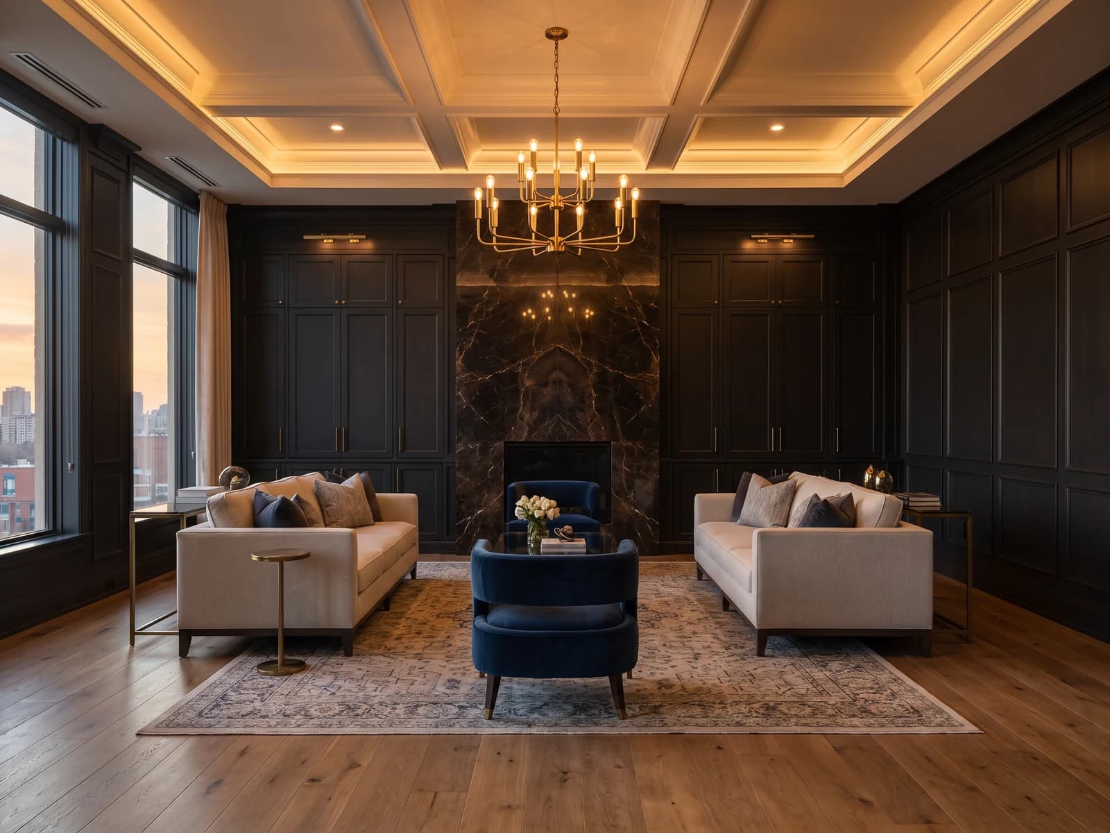 A signature finished dark-luxury great room renovated by Two Crew LTD