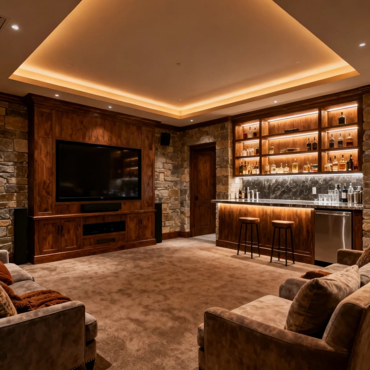 Finished basement with wet bar by Two Crew LTD